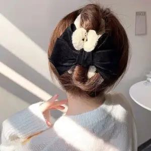 올림 머리 반 묶음 밍크 퍼 예쁜 리본 집게 핀 블랙