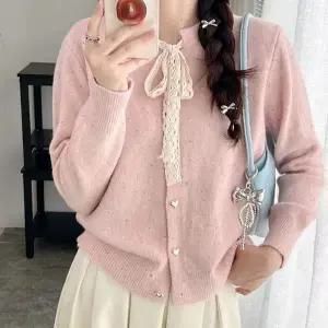 넥라인 스트링 자수 러블리 니트 맨투맨 핑크 (KYR-WFG7FXX)