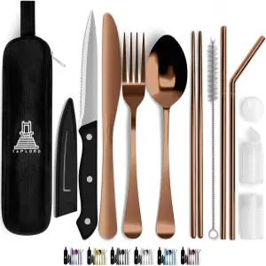 탭로드 휴대용 여행용 실버웨어 케이스 포함 여행 도구 10개 캠핑용 스테인리스 스틸 플랫웨어 세트