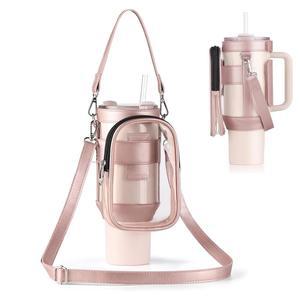 [미국배송] 스탠리 컵 40온스용 휴대폰 포켓이 있는 클리어 물병 캐리어 가방 콘서트 스포츠용 조절 가능한 어깨 및 휴대용 스트랩 액세서리 가장자리(핑크색)