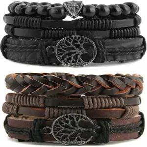 HZMAN 정품 가죽 트리 생명 팔찌 남성 타이거 천연 돌 용암 바위 구슬 민족적 탄성 손목 밴드