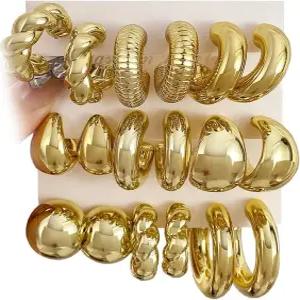 IFKM 24쌍 골드 후프 귀걸이 세트 여성용 저자극 청키 체인 트위스트 오픈 당글 팩 생일 파티 크리스마스