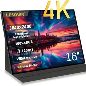 LESOWN 3840x2400 UHD 4K 휴대용 모니터 16인치 USB C HDMI 터치 400니트 고휘도 울트라 와이드 디스플레이