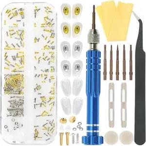 ESSO 안경 수리 키트 업그레이드된 키트(금색 및 은색) 나사 포함 5-in-1 드라이버 코 패드 이어 그립