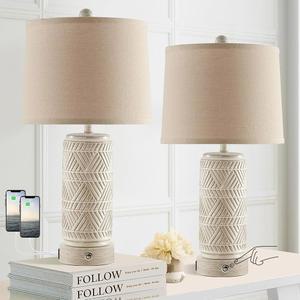 RORIA 거실용 소박한 터치 세라믹 테이블 램프 2개 세트, 듀얼 USB 충전 포트가 있는 3방향 디밍 가능한 나이트스탠드 램프, 린넨 쉐이드 침대 옆 침실 전구 포함