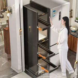 슬라이드형 다용도 수납장 주방 냉장고 옆 미니 전자레인지용 문달린