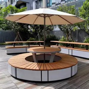 대형 야외 파라솔 원형 테이블 벤치 의자 세트 원목 철제 평벤치 건물 옥상 정원 휴게소 2M