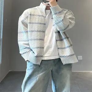 니트 가디건 카디건 아우터 스웨터 자켓 재킷 남자 남성 스타일 흰색과 회색 컬러 블록 스트라이프 가을/겨