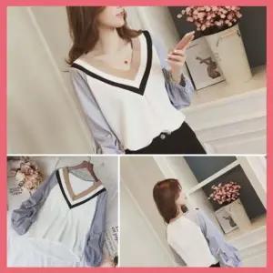 여성스러운 티셔츠 긴팔티 코트이너티 여자 가을브이넥 브이넥퍼프소매 가을겨울 긴팔 하객룩 대학생