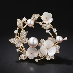 [하프클럽/]브로치 꽃 진주 꽃다발 원형 지르코니아 골드