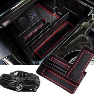 [미국배송] 포드 익스플로러 2020 2021년 2022년 2023년 2024년(2025년 적합하지 않음) 다중 센터 콘솔 정리함 보관함 삽입 트레이 홀더 암레스트 업그레이드 기어 변속 용기 커버(레드 매트 포함)