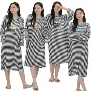 여성 원피스 잠옷 스트라이프 사방 스판 롱원피스 오버핏 빅사이즈 봄 주니어 학생 실내복 홈웨어 파자마