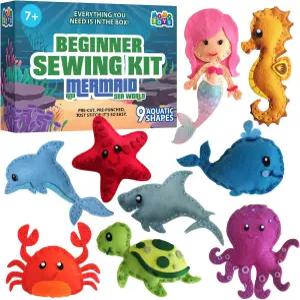 7세 이상 어린이를 위한 모모토이스 인어 바다 생활 초급 재봉 키트 - 도구 및 미술 용품이 포함된 9가지