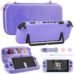 Fundiary 퍼플 사쿠라 스위치 2 NS 2용 휴대용 케이스, 보관 여행 가방이 포함된 귀여운 케이스 번들, 도킹 가능한 보호 커버, 스크린 프로텍터 및 엄지 캡 2개, 그릴용 크리스마스 선물