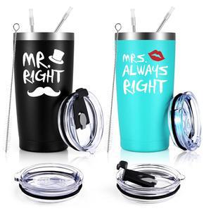 Qtencas Mr Right Mrs Always 여행 텀블러 세트, 남편 아내 신혼부부 신랑 결혼 기념일을 위한 약혼 선물, 20온스 스테인리스 스틸 단열 텀블러, 블랙 앤 민트