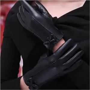 (색상 블랙)겨울 정장장갑 리본 여자 스마트폰 인조가죽 터치가능 기모장갑