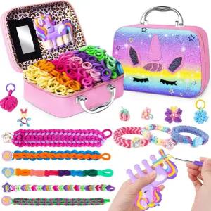 여자 6 7 8-12 팔찌 만들기 키트 1000개 이상의 직조 밴드가 있는 천 고무 밴드 유니콘 및 정리함 케이스
