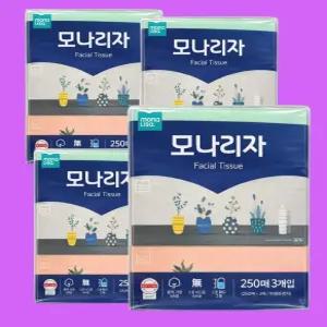 모나리자 미용티슈 피부저자극 250매 3입 4팩 총12개 각티슈 천연펄프