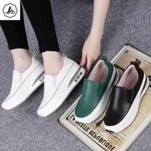 [애슬릿] 여성 스니커즈 끈없는 소 가죽 운동화 에어 쿠션