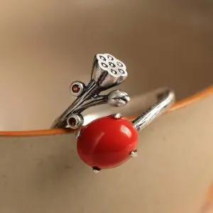 홍옥수 원석 카닐리언 연꽃 빈티지 S925 실버 반지 장신구