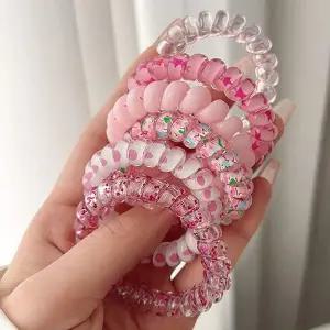 머리 핑크 컬러 전화선 헤어 세트 6개 스프링 끈 포니테일머리끈