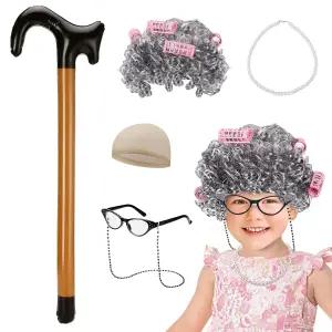 아이들을 위한 할머니 가발 코스튬 회색 헤어 캡 진주 목걸이 지팡이 안경 리테이너 체인 코스프레 드레스