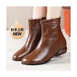 SMK 여성신발 앵클숏부츠 라운드 앵클부츠 가을 겨울 굽 낮은 빈티지 가죽 부츠 기모 리얼 스트레이트 JEN4