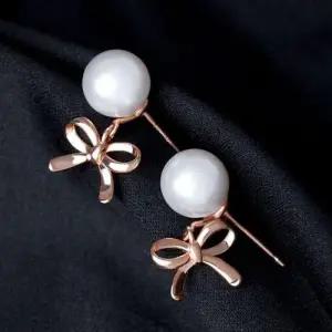 14K 골드필드 핀 진주 리본 드롭 혼주 결혼식 귀걸이 WFJGVOS