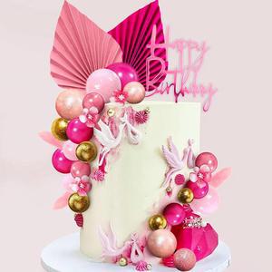 32pcs Ball Cake Topper Decor Pink Mini Balls for Cupcake DIY Pearl Balls Rose Leaves Palm Birthday Party Wedding Cake Decoration