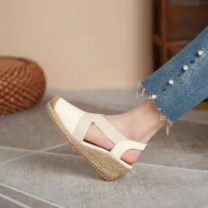 캐주얼 크로스 통굽 신발 스트랩 스트랩샌들 소가죽 웨지힐