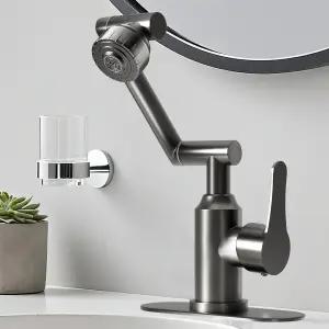 FunAir 리스 스틸 080° 회전식 욕실 세면대 (홀 또는 3홀용) 모던 스타일 싱글 핸들 온수/냉수 호스 포함