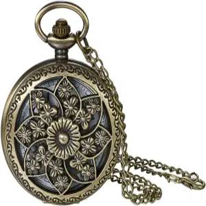 발렌타인데이를 맞아 32.3인치 체인이 달린 주얼리 위 레트로 브론즈 플라워 오픈워크 커버 쿼츠 포켓 워치