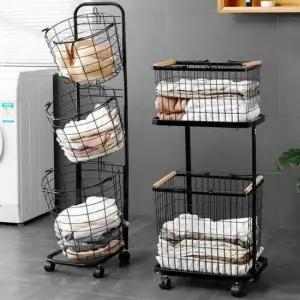 이동식 다용도 세탁 바구니 트롤리 빨래통 메쉬 수납 카트 원형 구조 세탁바구니