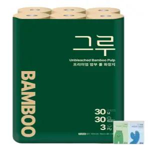 그루 프리미엄 밤부 롤 화장지 3겹 30m 30롤 1팩+포켓 휴대티슈 10매 2개