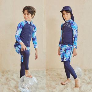 아이스샌드 주니어 아동 남아 집업래쉬가드 이중반바지세트+플랩캡 3피스 초등학생 수영복 BR77202