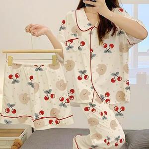 쉬블림로브 3피스(반팔+반바지+긴바지) 여성 체리곰 패턴 홈웨어 파자마 잠옷 세트 GGWD0212