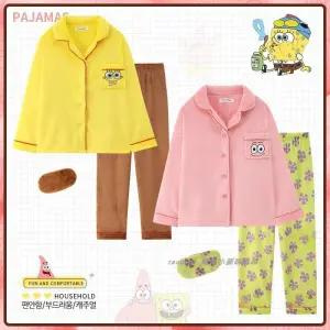 겨울 극세사 스폰지밥 뚱이잠옷 커플 긴팔 벨벳 홈웨어 파자마 수면잠옷 상하세트 선물