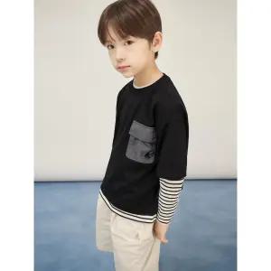 [BEANPOLE KIDS] [25FW 시즌오프 30%] 스트라이프 레이어드 반소매 & 긴소매 2PCS 상상세트  블랙 (BI5741U025)