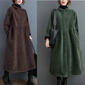 중년여성 두꺼운 기모 안감 가을 겨울 A라인 원피스 레트로스타일 홈웨어 데일리 외출 드레스 빅사이즈