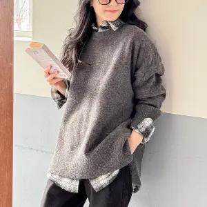 옆트임 언발 라운드넥 니트 티셔츠 긴팔 오버핏 여성 빅사이즈