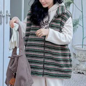 스트라이프 배색 플리스 양털 조끼 하이넥 오버핏 여성 빅사이즈
