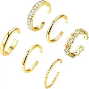 Aquzhou 여성용 골드 토 링 6개 세트 변색 방지 14K 필드 발가락 반지 조절 가능한 오픈형 여름 해변용