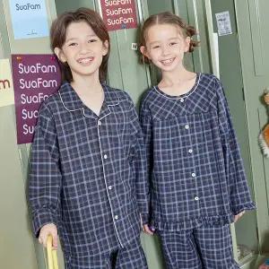 [수아팜] 여아 베이직체크 코튼 긴팔 파자마 세트