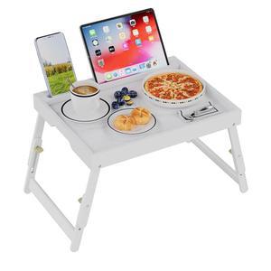 접이식 다리가 있는 아트미어 침대 트레이 테이블, 미디어 슬롯이 있는 대나무 아침 식사 트레이, 플래터, 노트북 책상, 스낵, TV 트레이 주방 서빙 트레이(흰색 큰 조절 다리)로 사용하세요