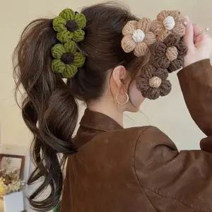 예쁜 뜨개 대왕 플라워 울 니트 머리 집게핀 올림머리 똥머리 반묶음 머리핀 털 퍼 헤어클립 삔