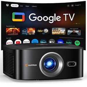1500 ANSI 공식 라이선스 Google TV 스마트 프로젝터, 자동 초점, 돌비 사운드, Wi-Fi 블루투스, 내장 앱, 휴대폰 및 PC, 실내 실외 사용과 호환되는 HAPPRUN 4K 풀 HD 홈 시어터