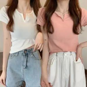 여성 크롭 스타일 앞트임 무지 패션 여름 반팔 티셔츠