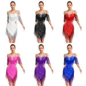 댄스복 의상 라틴 사교 차차 라인 스트랩 프린지 재즈 연습복 드레스 퍼포먼스 공연복 살사 탱고 댄스 반짝이는 줌바