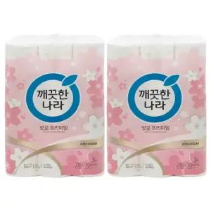 깨끗한나라 벚꽃 프리미엄 3겹 28M 30롤 2팩