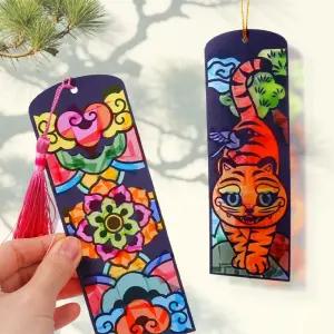 전통문양 민화호랑이 색스티커 꼴라주 책갈피만들기 2종x5p 학습교구 수업 시니어 DIY